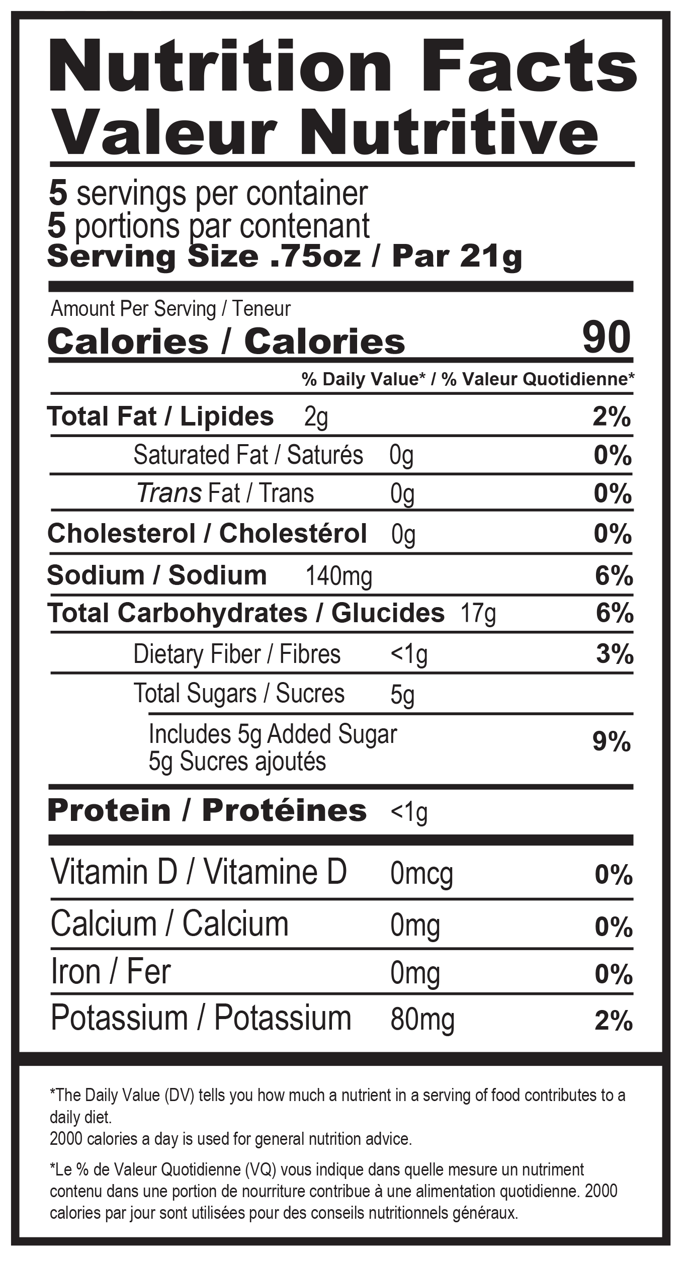 Nutrition Facts – Sweet & Salty Kettle: serving size .75oz (21g), 5 servings per container; 90 calories; total fat 2g (2%); sodium 140mg (6%); total carbohydrate 17g (6%); dietary fiber <1g (3%); total sugars 5g incl. 5g added sugar (9%); protein <1g; potassium 80mg (2%).